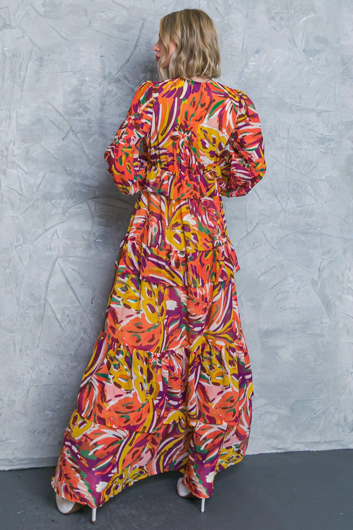 Women’s V-Neck Maxi Dress – Long Sleeve Tiered Ruffle Skirt Elastic Waist Dress