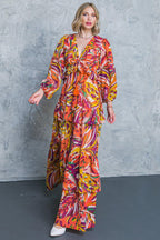 Women’s V-Neck Maxi Dress – Long Sleeve Tiered Ruffle Skirt Elastic Waist Dress