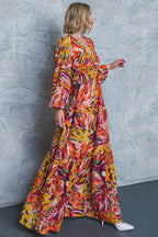 Women’s V-Neck Maxi Dress – Long Sleeve Tiered Ruffle Skirt Elastic Waist Dress