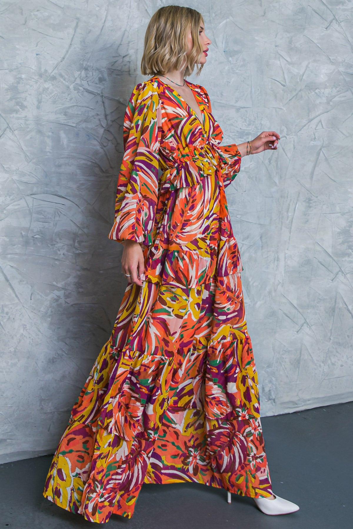 Women’s V-Neck Maxi Dress – Long Sleeve Tiered Ruffle Skirt Elastic Waist Dress