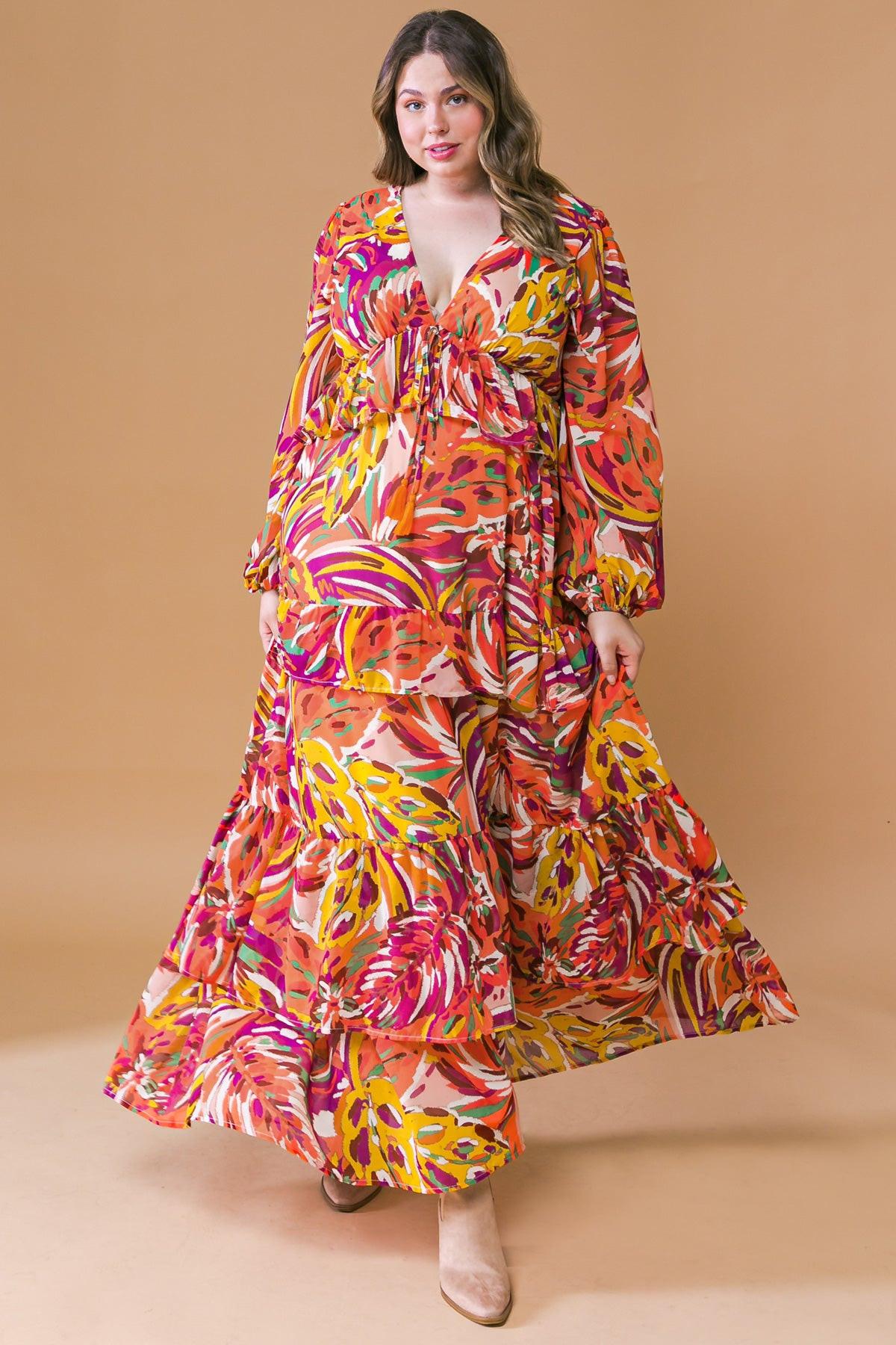 Women’s V-Neck Maxi Dress – Long Sleeve Tiered Ruffle Skirt Elastic Waist Dress