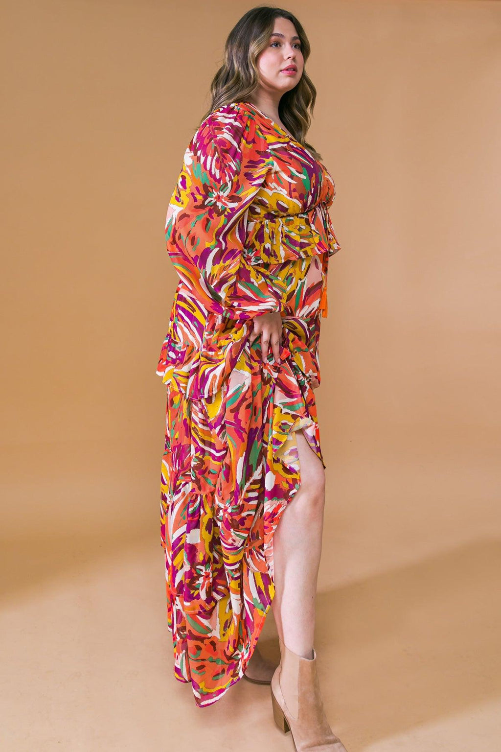 Women’s V-Neck Maxi Dress – Long Sleeve Tiered Ruffle Skirt Elastic Waist Dress