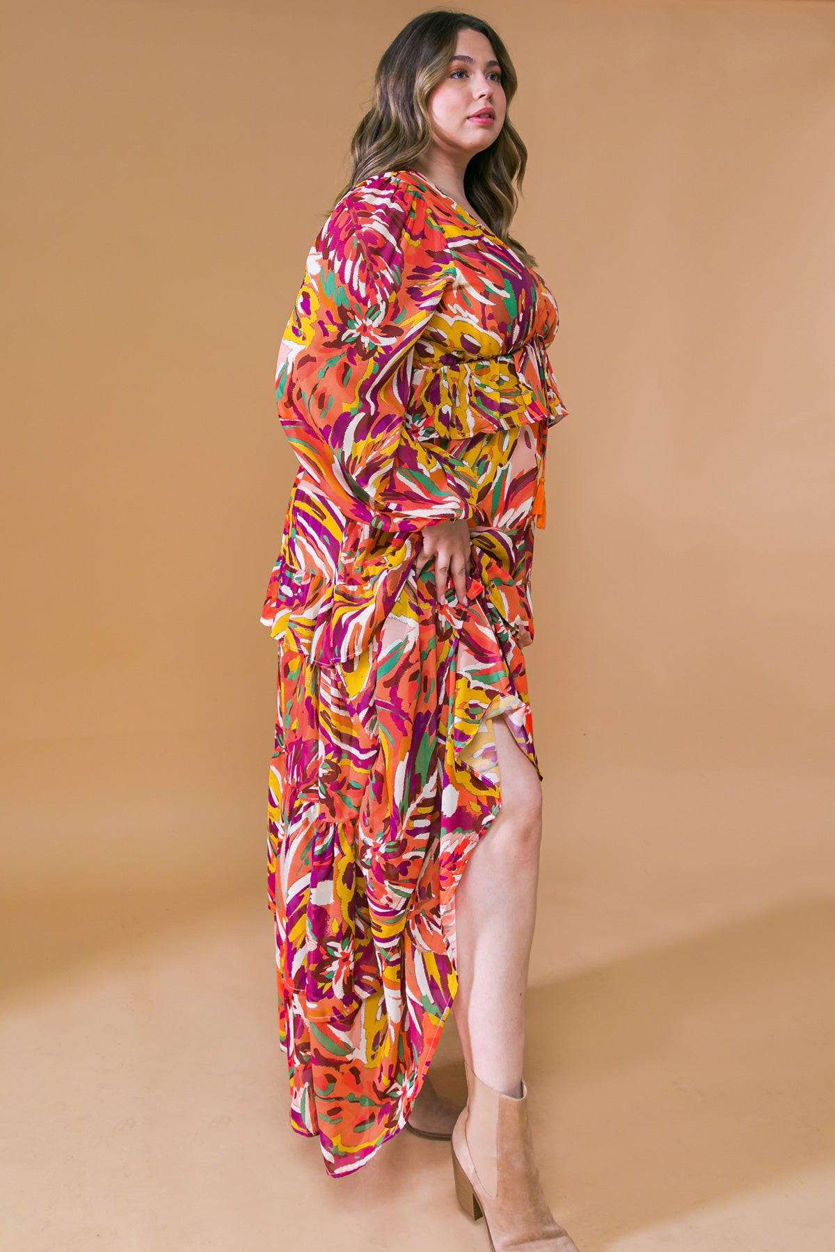 Women’s V-Neck Maxi Dress – Long Sleeve Tiered Ruffle Skirt Elastic Waist Dress