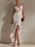 Women’s White Chiffon Maxi Dress – Ruffled Hem Slit Elegant Evening Dress