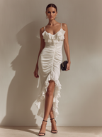 Women’s White Chiffon Maxi Dress – Ruffled Hem Slit Elegant Evening Dress