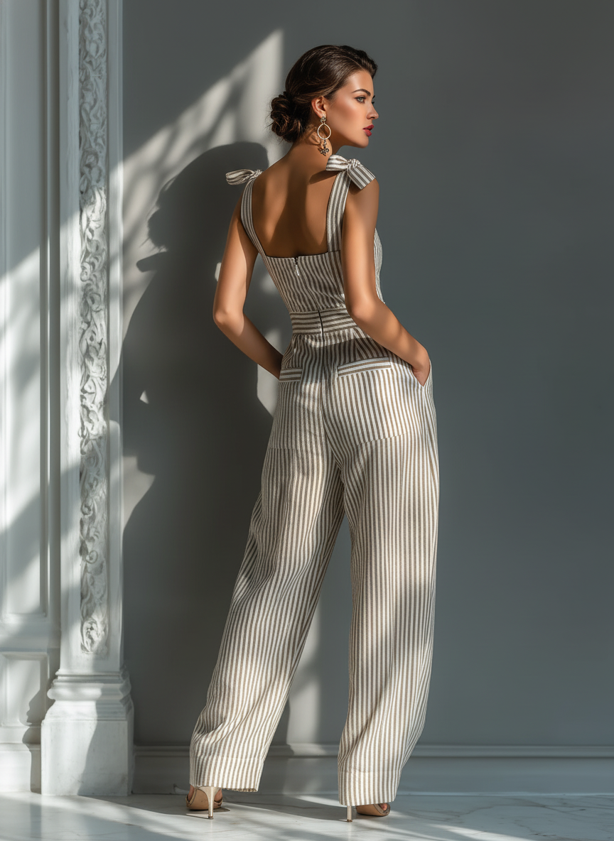 Women’s Beige & White Striped Linen-Blend Jumpsuit – Square Neck Tie Strap Wide-Leg Resort Outfit