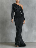 Women’s Black Satin One-Shoulder Ruched Mermaid Maxi Dress — Elegant Red Carpet Evening Gown