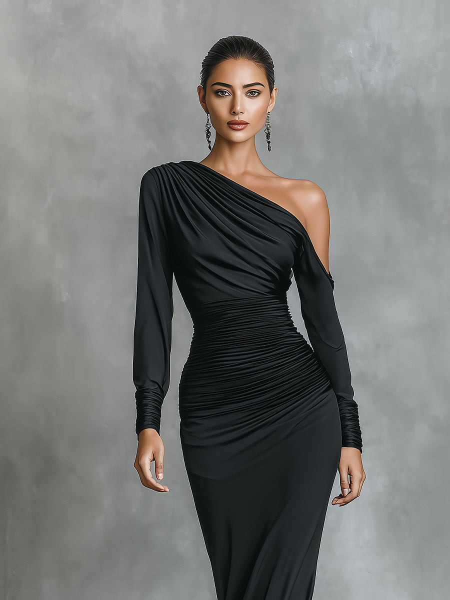 Women’s Black Satin One-Shoulder Ruched Mermaid Maxi Dress — Elegant Red Carpet Evening Gown
