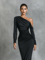 Women’s Black Satin One-Shoulder Ruched Mermaid Maxi Dress — Elegant Red Carpet Evening Gown
