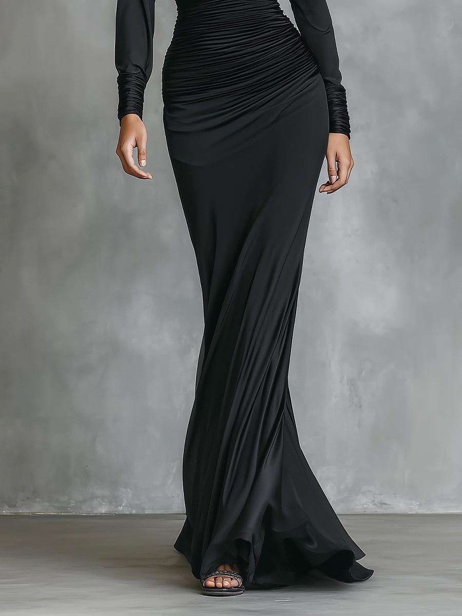 Women’s Black Satin One-Shoulder Ruched Mermaid Maxi Dress — Elegant Red Carpet Evening Gown