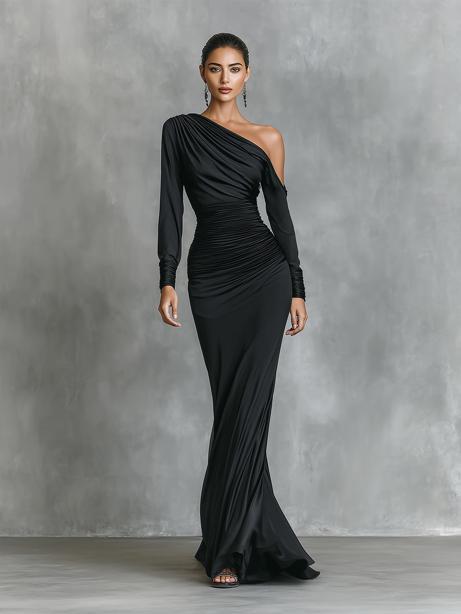 Women’s Black Satin One-Shoulder Ruched Mermaid Maxi Dress — Elegant Red Carpet Evening Gown