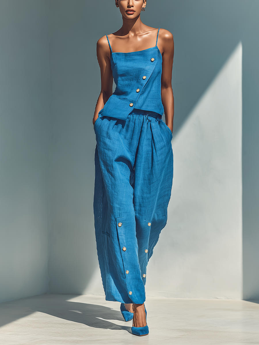 Women’s Blue Linen-Blend Two-Piece Set — Spaghetti Strap Asymmetrical Button Top & Wide-Leg Pants