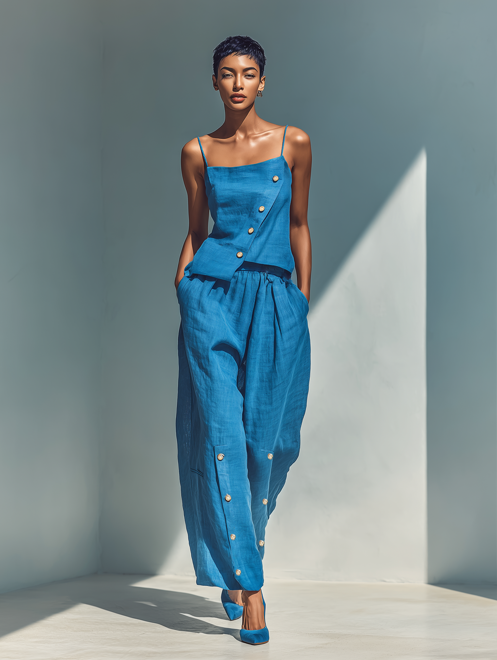 Women’s Blue Linen-Blend Two-Piece Set — Spaghetti Strap Asymmetrical Button Top & Wide-Leg Pants
