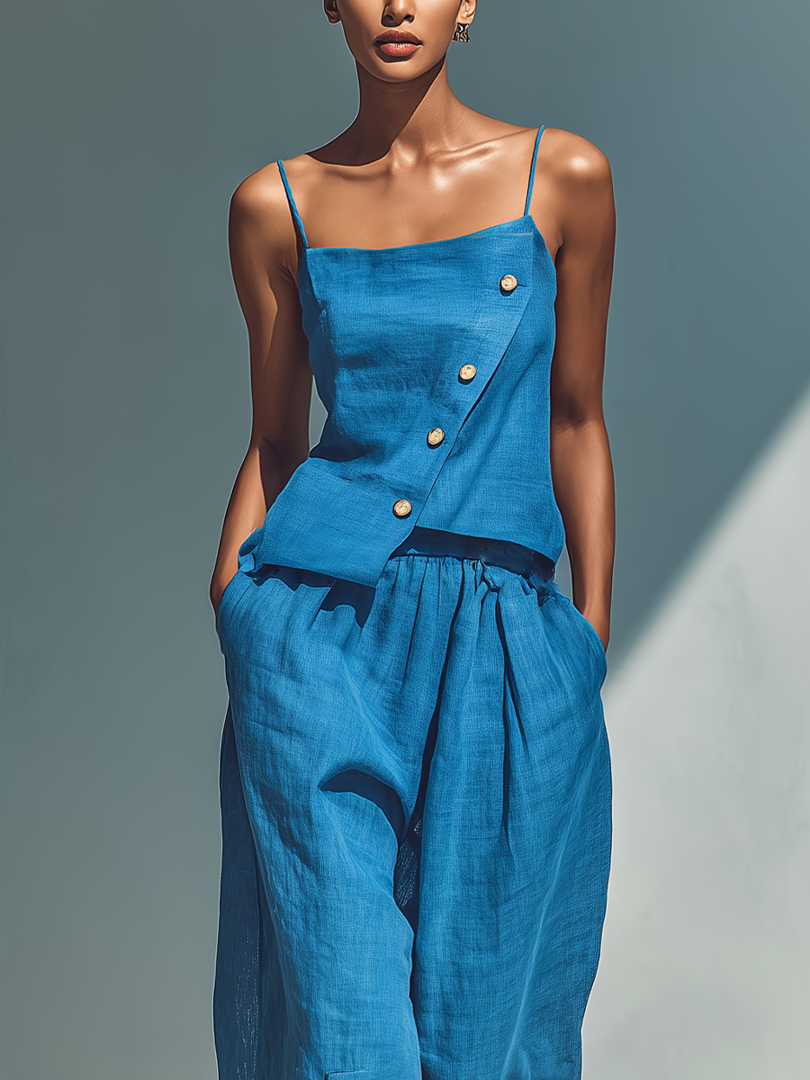 Women’s Blue Linen-Blend Two-Piece Set — Spaghetti Strap Asymmetrical Button Top & Wide-Leg Pants