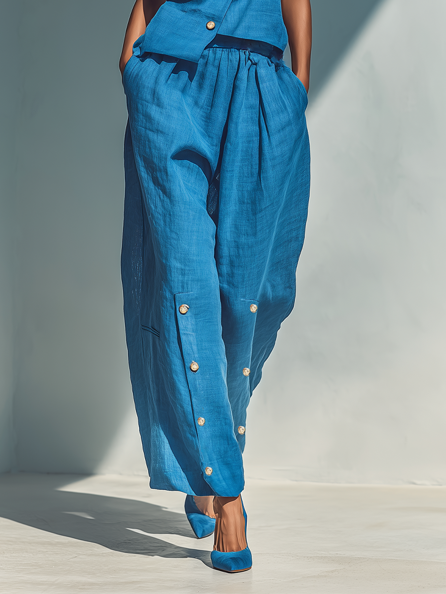 Women’s Blue Linen-Blend Two-Piece Set — Spaghetti Strap Asymmetrical Button Top & Wide-Leg Pants