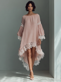 Women’s Blush Pink Linen-Blend Off-The-Shoulder Lace Trim High-Low Midi Dress – Romantic Summer Dress