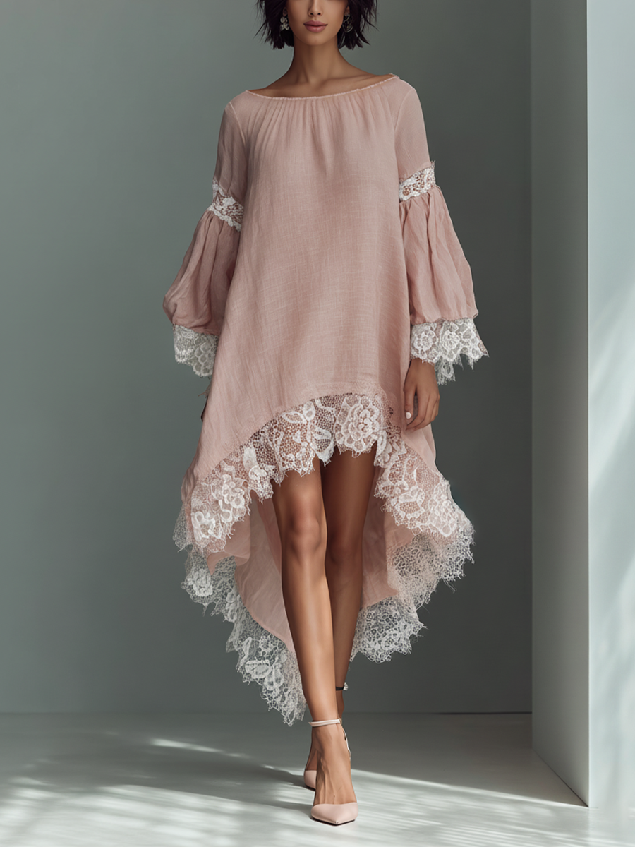 Women’s Blush Pink Linen-Blend Off-The-Shoulder Lace Trim High-Low Midi Dress – Romantic Summer Dress