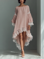 Women’s Blush Pink Linen-Blend Off-The-Shoulder Lace Trim High-Low Midi Dress – Romantic Summer Dress
