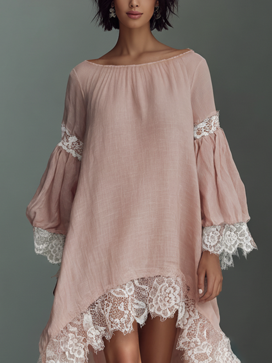 Women’s Blush Pink Linen-Blend Off-The-Shoulder Lace Trim High-Low Midi Dress – Romantic Summer Dress