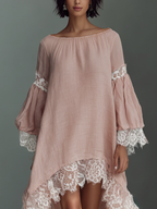 Women’s Blush Pink Linen-Blend Off-The-Shoulder Lace Trim High-Low Midi Dress – Romantic Summer Dress