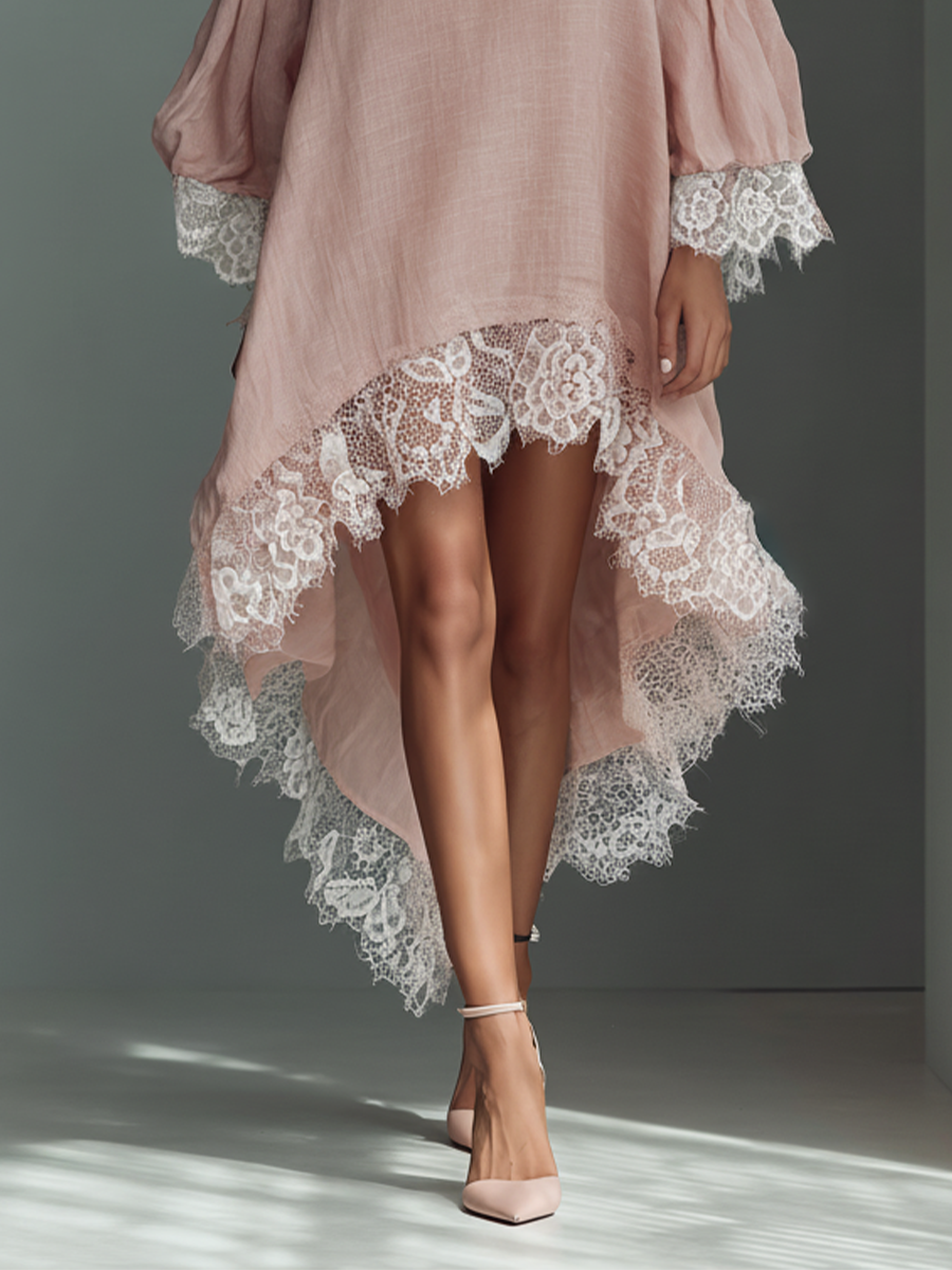 Women’s Blush Pink Linen-Blend Off-The-Shoulder Lace Trim High-Low Midi Dress – Romantic Summer Dress