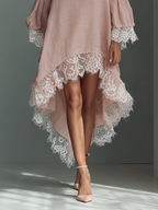 Women’s Blush Pink Linen-Blend Off-The-Shoulder Lace Trim High-Low Midi Dress – Romantic Summer Dress