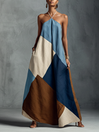 Women’s Bohemian Patchwork Halter Maxi Dress — Multi-Color Cotton Linen Blend, Artistic Flowing Resort Wear