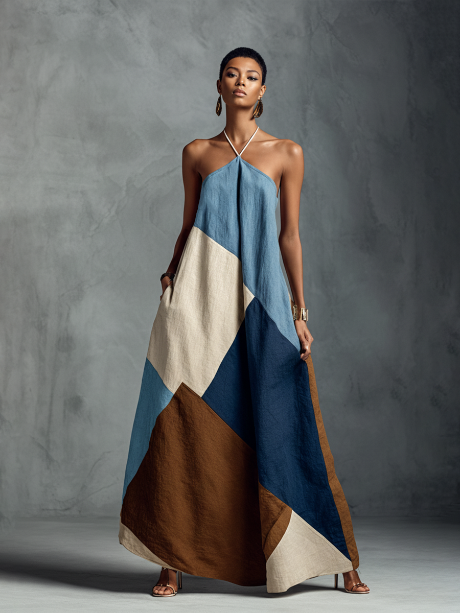 Women’s Bohemian Patchwork Halter Maxi Dress — Multi-Color Cotton Linen Blend, Artistic Flowing Resort Wear