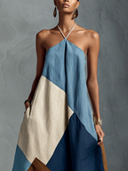 Women’s Bohemian Patchwork Halter Maxi Dress — Multi-Color Cotton Linen Blend, Artistic Flowing Resort Wear