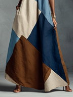 Women’s Bohemian Patchwork Halter Maxi Dress — Multi-Color Cotton Linen Blend, Artistic Flowing Resort Wear