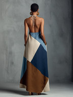 Women’s Bohemian Patchwork Halter Maxi Dress — Multi-Color Cotton Linen Blend, Artistic Flowing Resort Wear