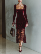 Women’s Burgundy Velvet Lace Fitted Maxi Dress — Sweetheart Neck Elegant Evening Gown