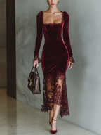 Women’s Burgundy Velvet Lace Fitted Maxi Dress — Sweetheart Neck Elegant Evening Gown