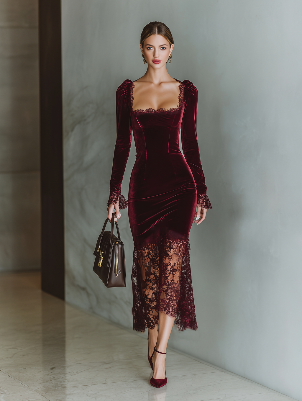 Women’s Burgundy Velvet Lace Fitted Maxi Dress — Sweetheart Neck Elegant Evening Gown