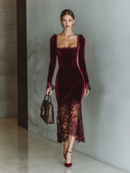 Women’s Burgundy Velvet Lace Fitted Maxi Dress — Sweetheart Neck Elegant Evening Gown