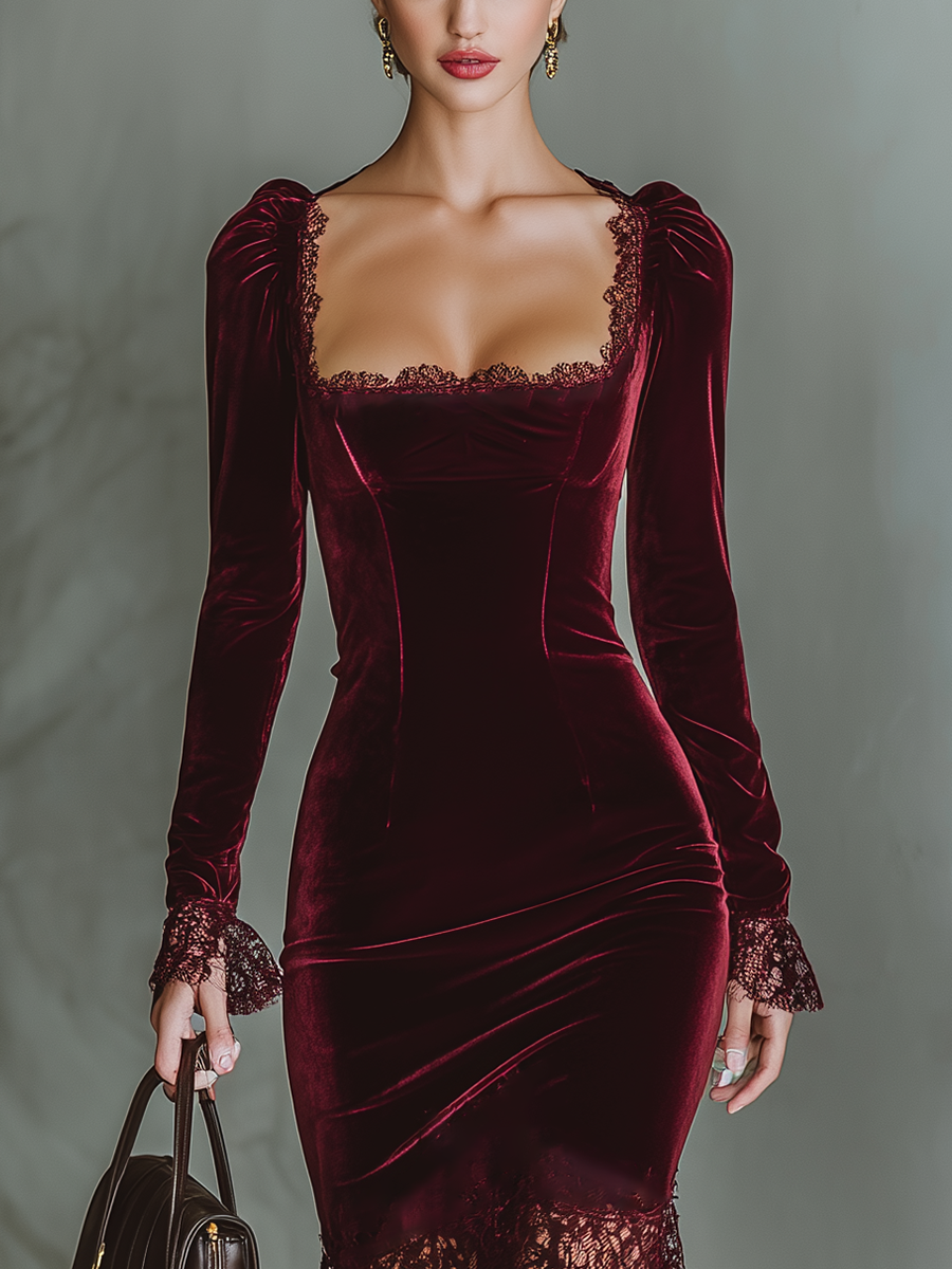 Women’s Burgundy Velvet Lace Fitted Maxi Dress — Sweetheart Neck Elegant Evening Gown
