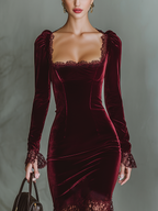 Women’s Burgundy Velvet Lace Fitted Maxi Dress — Sweetheart Neck Elegant Evening Gown