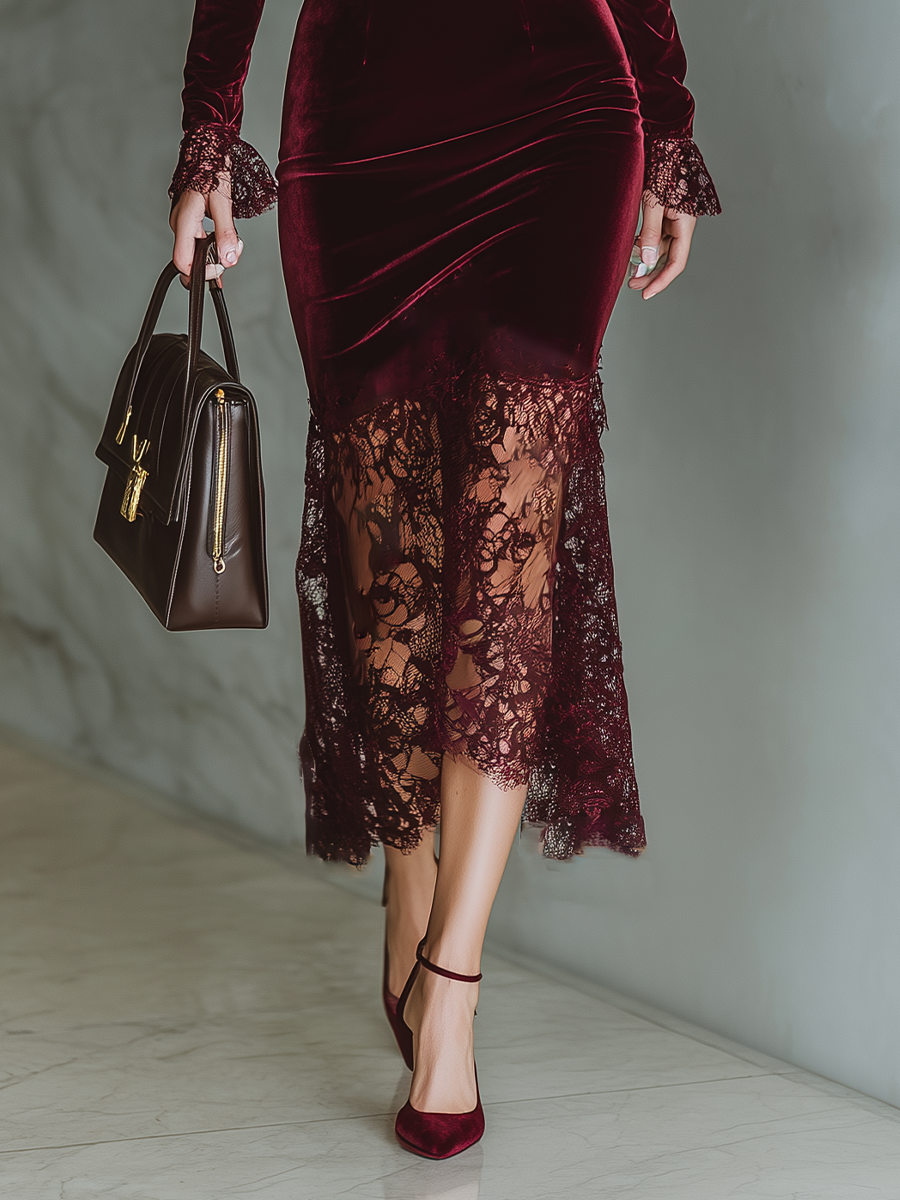 Women’s Burgundy Velvet Lace Fitted Maxi Dress — Sweetheart Neck Elegant Evening Gown