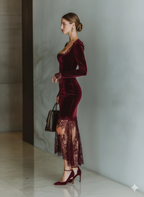 Women’s Burgundy Velvet Lace Fitted Maxi Dress — Sweetheart Neck Elegant Evening Gown