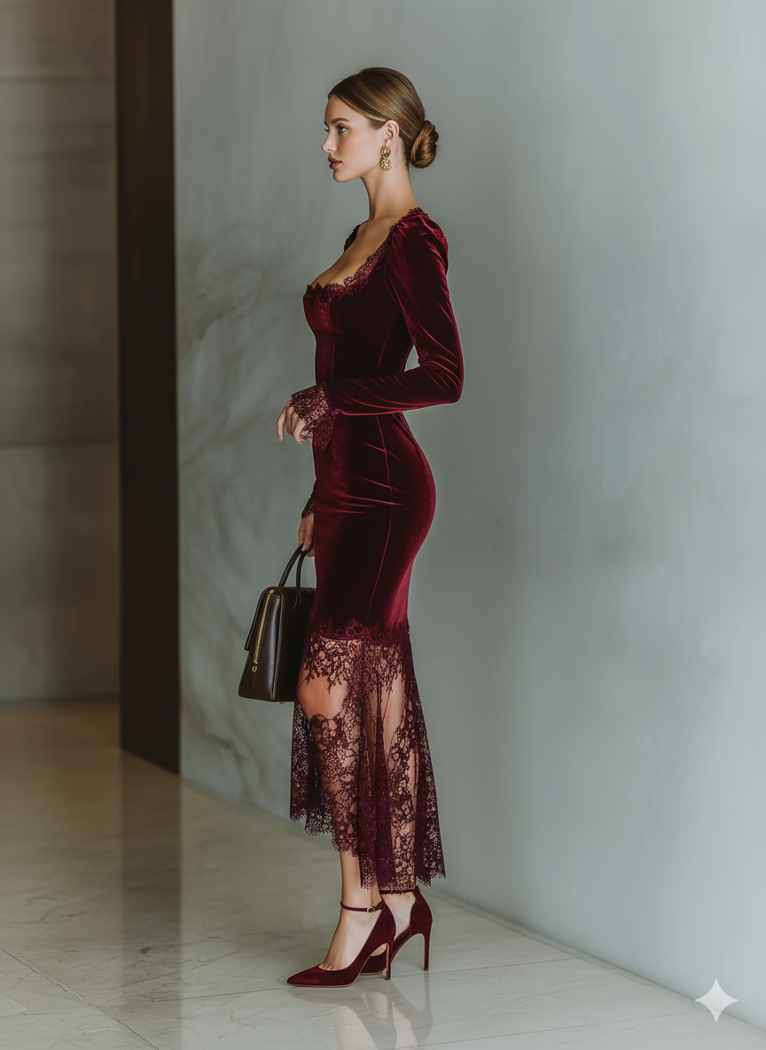Women’s Burgundy Velvet Lace Fitted Maxi Dress — Sweetheart Neck Elegant Evening Gown