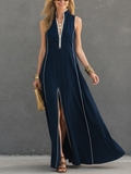 Women’s Dark Blue Stretch-Knit Maxi Dress — Stand Collar Sleeveless Sporty Casual Chic