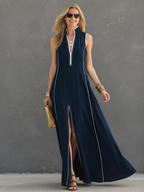 Women’s Dark Blue Stretch-Knit Maxi Dress — Stand Collar Sleeveless Sporty Casual Chic