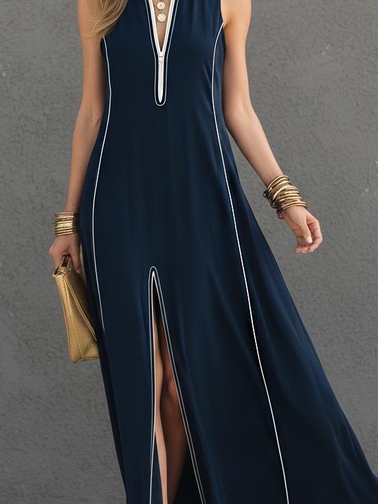 Women’s Dark Blue Stretch-Knit Maxi Dress — Stand Collar Sleeveless Sporty Casual Chic
