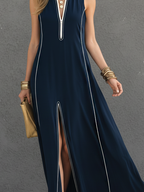 Women’s Dark Blue Stretch-Knit Maxi Dress — Stand Collar Sleeveless Sporty Casual Chic