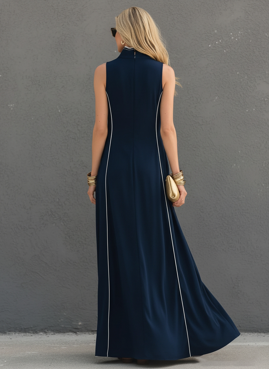 Women’s Dark Blue Stretch-Knit Maxi Dress — Stand Collar Sleeveless Sporty Casual Chic