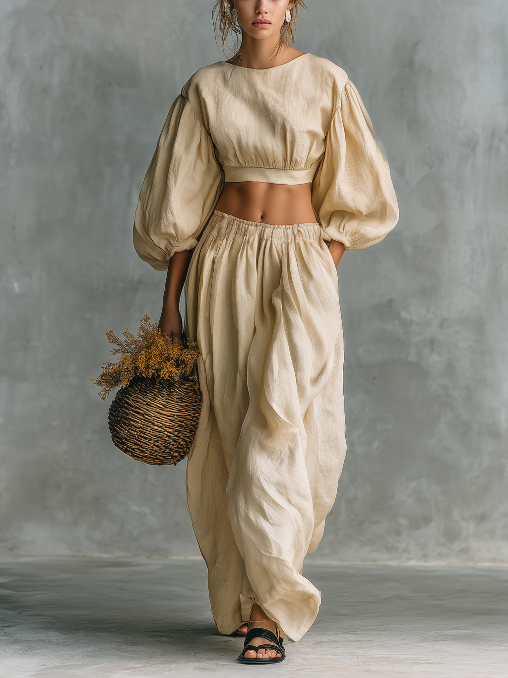 Women’s Beige Cotton-Linen Two-Piece Set — Crew Neck Long Sleeve Top & Relaxed Trousers
