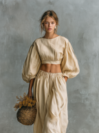 Women’s Beige Cotton-Linen Two-Piece Set — Crew Neck Long Sleeve Top & Relaxed Trousers