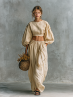 Women’s Beige Cotton-Linen Two-Piece Set — Crew Neck Long Sleeve Top & Relaxed Trousers