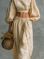 Women’s Beige Cotton-Linen Two-Piece Set — Crew Neck Long Sleeve Top & Relaxed Trousers