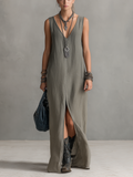 Women’s Casual Grey Cotton-Linen V-Neck Sleeveless Maxi Dress – Relaxed Everyday Essential